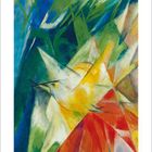 Kalender: 12 2021 mit farbenfroher, abstrakter Illustration in Blau-, Grün- und Orangetönen, dynamische Formen.