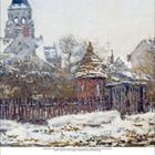 Claude Monet, Die Kirche von Vetheuil, 1879. Winterliche Szenerie mit Kirche, Bäumen und schneebedeckten Gebäuden. Dezember-Kalenderblatt.