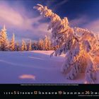 12, 2023. Kalenderansicht mit schneebedeckten, sonnenbeschienenen Bäumen vor einem farbenfrohen Himmel.