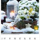 Christrose, Nadelbaumzweige, Kerze im Glas, Schneedecke, Blumentöpfe, leuchtendes Grün- und Orangeglas, goldener Stern.