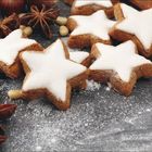 Auf einer bemehlten Fläche liegen mehrere Sternplätzchen mit weißer Glasur, umgeben von Anis und Pinienkernen.