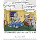 Illustration mit Elefanten. Einer fährt ein kleines Auto im Wohnzimmer. Humorvolle Dialoge über Mobilität. Dezember-Kalender.