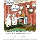 Zwei Bären vor einem Kamin. Sprechblasen: "Alle selbst erlegt, Gnädigste?" "Der mit dem Eisbeutel ist mein Gatte!" Kalender: Dezember 2027.