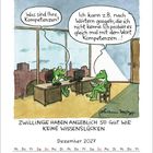 Zwei Frösche, Bürointerview. Dialog: Kompetenzfrage, Frosch googelt unbekannte Wörter. Kalender für Dezember 2027.