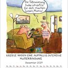 Ein Schwein sagt: "Die Tätowierung habe ich extra für dich machen lassen, Mama!" Tätowierung: "Alle Frauen sind Schweine! Außer Mutti!" Darunter: "Krebse haben eine auffällig intensive Mutterbindung. Dezember 2027." Eine Illustration mit zwei Schweinen in einem Wohnzimmer.