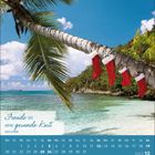 „Freude ist eine gesunde Kost“ aus China. Kalender für Dezember 2027, Strand mit Palme und roten Strümpfen.