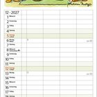 Eine Illustration zeigt Enten, die spielen. Einer sagt: „Mama?“ Die Antwort: „Stör sie nicht, sie spielen gerade so schön...“ Unten ein Kalender für Dezember 2027.