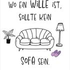 „Wo ein Wille ist, sollte kein Sofa sein.“ Illustration: Sofa, Pflanze, Lampe, Hausschuhe. Kalender unten: Oktober 2027, 18.-24.