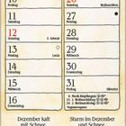 "Dezember ohne Schnee tut erst im Märzen weh." Kalender, weihnachtliche Illustration: Kinder und Weihnachtsmann am Baum.