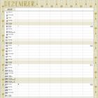 Kalenderseite für Dezember 2017. Tage und Wochennummern sind aufgelistet. Beige Hintergrund mit Art-Déco-Muster.