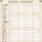 Kalender für Dezember 2027 mit einem Weihnachtsmann, Kindern und einem geschmückten Baum in einem festlichen Raum.