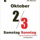 "Oktober 2/3, Samstag Sonntag, Tag der Deutschen Einheit, Erntedankfest. Links oben eine Monde-Illustration."