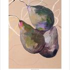 "Drei Birnen" Gemälde zeigt abstrakte Birnen in Erdtönen mit leichtem Pinselstrich. Kalenderzeilen darunter: Dezember 2023.