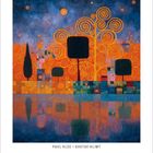 PAUL KLEE x GUSTAV KLIMT. Kalenderblatt mit bunt-abstrakten Bäumen und Strudeln in warmen Farben, reflektiert im Wasser.