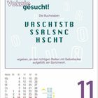 „Vokale gesucht! Montag, 11. Oktober. Buchstaben: URSCHTSTB SSrlSNC HSCHT. Mit Vokalen ein Sprichwort ergeben.“