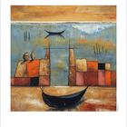 Abstrakte Landschaft mit Booten und geometrischen Formen in warmen Erdtönen, erinnert an ein ruhiges Flussufer.