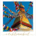 Text oben: „Alle Gedanken…Bitte.“
Text unten: „Achtsamkeit“.
Bild: Stupa mit bunten Gebetsfahnen vor blauem Himmel.