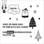Text: "WICHTIG: ZUERST DIE KINDER... DANN IN RUHE..."
Illustration mit Weihnachtsbäumen, Schneeflocken, Bär und Ornamenten.