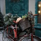 Ein hellgrünes, gestreiftes Geschenk im Fahrradkorb, umgeben von Tannenzweigen und einem kuscheligen Teddybär.