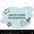 "Lassen Sie Ihr Gebäck nicht unbeaufsichtigt." Illustrationen mit Plätzchensymbolen, darunter ein Kalender für Dezember 2027.