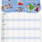 "Dinge, die jetzt zu tun sind" in Rot, mit Illustrationen: Geschenke, Dekorieren, Backen. Darunter ein Monatskalender.