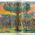 Illustration: Menschen in Rüstungen mit Lanzen greifen einen Baum an, aus dem Wasser und Menschen herausströmen.