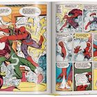 Comic mit zwei Seiten, links kämpfen zwei Superhelden in kräftigen Farben. Rechts verschiedene Panels mit Dialogen in Sprechblasen.