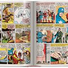 Comic-Doppelseite mit Superhelden, darunter Captain America und Iron Man. Farbenfrohe Panels mit Dialogen und Action-Szenen.