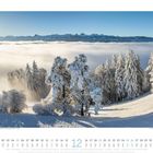 Kalenderblatt Dezember, Winterlandschaft mit verschneiten Bäumen, Nebelmeer und Bergpanorama im Hintergrund.