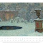Text: 12. Henri Le Sidaner. Le Jardin de l'Hôtel de Brimont. Ein schneebedeckter Garten mit Bäumen und einem Brunnen im Vordergrund.