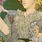 Illustration: "Lance Parfum Rodo." Eine Frau sprüht Parfum, umgeben von Ornamenten. Unten ist ein Kalenderabschnitt.