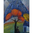 Kalenderblatt 12. Illustration: Buntes Gemälde mit Berg, Bäumen und einer kleinen Kapelle. Eine Person sitzt unter einem Baum.