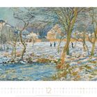Kalendermonat "12" mit einem impressionistischen Gemälde von schneebedeckten Bäumen und Häusern.