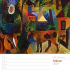 February 2027, 08. Woche. Gemälde mit Kühen, Segelboot, Figuren, bunten Häusern und Bäumen.