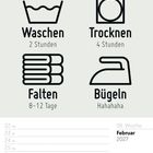 Text oben: "Waschen 2 Stunden", "Trocknen 4 Stunden", "Falten 8-12 Tage", "Bügeln Hahaha". Kalender: 28. Februar 2027.