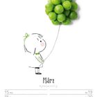 Kalenderblatt für März mit Illustration: Kind hält Draht, an dem grüne Erbsen wie Ballons hängen.