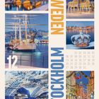 „SWEDEN“, „STOCKHOLM“, „12“. Zahlreiche winterliche Stadtansichten mit Brücken, einem Schiff und festliche Lichterdekorationen.