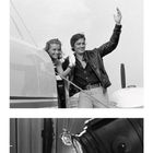 ROMY SCHNEIDER, Dezemberkalender, drei Schwarz-Weiß-Fotos, oben eine Frau, Mitte Händeschütteln, unten Filmszene.