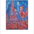 Dezember, Illustration eines Turms mit Gesicht, roter Hahn, Mond, Häuser, Esel in Blau- und Rottönen.