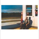 Kalenderseite für Dezember, zeigt ein Gemälde mit einer Person auf einem Stuhl vor einer Tankstelle.