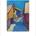 Dezember. Kalenderblatt zeigt Gemälde einer Landschaft mit bunten Häusern und gewundenem Weg unter blauem Himmel.