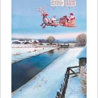 "Dein Helm verletzt meine Gefühle!" – "Halt die Klappe und lauf!" In einer Winterlandschaft fliegt Santa mit Rentier.