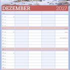DEZEMBER 2027. Kalender mit schneebedecktem, winterlichem Gartenbild oben. Feiertage markiert.