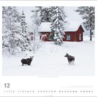 12, Joulukuu, Dezember. Zwei Elche stehen im Schnee vor einem roten Haus, umgeben von verschneiten Bäumen.