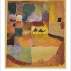 Künstler: Paul Klee, Titel: "Mit dem Esel", Jahr: 1919. Bunte, abstrakte Illustration mit Kamelen und geometrischen Formen.