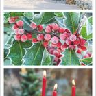 Kalenderseite mit „Dezember“ in roter Schrift. Fotos von schneebedeckten Bäumen, gefrorenen Beeren und drei brennenden Kerzen.