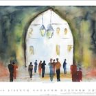 Text: "Köln, Durchblick von den Fachwerk"; darunter Kalender und Ziffern. Aquarell von Menschen und großem Torbogen.