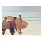 Kalenderblatt zeigt drei Surfer am Meer, jeder trägt ein Brett. Unten Zahlen von 1 bis 31, links „12“. Oberes Bild ist ein Gemälde.