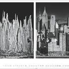 12; 1 bis 31; Advent; Nikolaus; Weihnachten; Silvester; Neujahr. Links: beschädigtes Holz nah. Rechts: Skyline mit Wolkenkratzern.