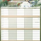 Dezember 2027. Illustration mit Vögeln, darunter Kardinäle, auf einem schnee- und eisbedeckten Vogelhäuschen.